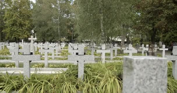 Friedhofsgrabstein Ansicht Grabstein Aus Weißem Marmor Auf Einem Militärfriedhof Warschau — Stockvideo