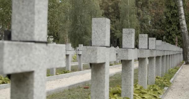 坟场墓碑交叉关闭与焦点和分散 华沙一个军用坟场的白色大理石墓碑 死亡和死亡概念 — 图库视频影像