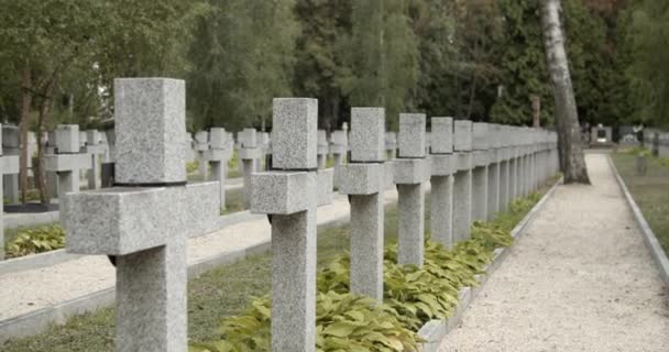坟场墓碑交叉关闭 华沙一个军用坟场的白色大理石墓碑 死亡和死亡概念 — 图库视频影像