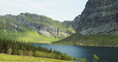 Göl ve dağların manzarası bulutlu bir günde manzaralı. Ön planda ağaçlar. Lofoten Adaları, Norveç fiyortlarının güzel doğası..