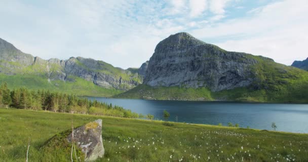 Jezioro Góry Krajobraz Malowniczy Widok Pochmurny Dzień Kamieniem Pierwszym Planie — Wideo stockowe
