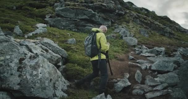 Turista Fotógrafo Naturaleza Con Cámara Trípode Dispara Mientras Está Pie — Vídeos de Stock