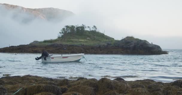 Norveç Güzel Fiyortlarının Olduğu Gölde Demirlemiş Beyaz Bir Motorlu Tekne — Stok video