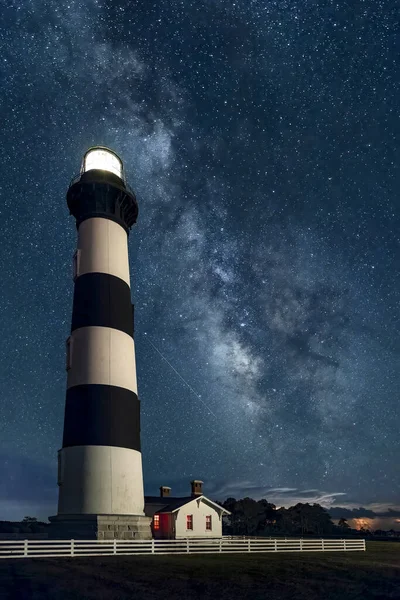 In the Outer Banks of Cape Hatteras, North Carolina, near Nags Head, the black and white striped Bodie Island Lighthouse shines under a night sky with the galactic center of the Milky Way Galaxy visible.