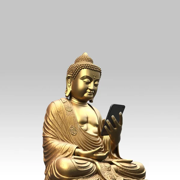 Bouddha Utilisant Tenant Téléphone Portable — Photo
