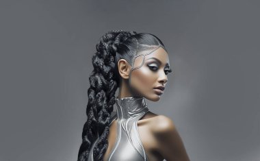 Beautiful woman futuristic sci fi style portrait. Hair in braids. Ai used with original portrait. clipart