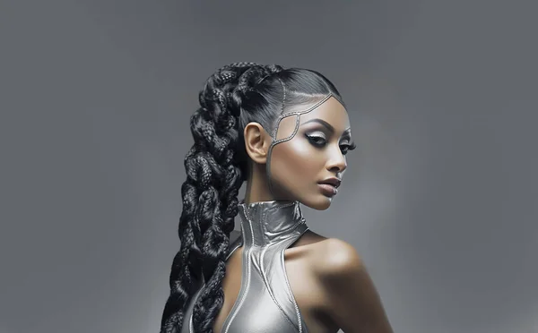 Belle Femme Futuriste Portrait Style Science Fiction Cheveux Tresses Utilisé — Photo