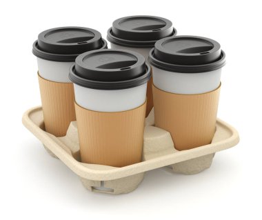 Takeout coffee cup set with the lid in the holder on white background - 3D illustration