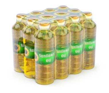 Sunflower oil bottles in stretch wrapping packaging - 3D illustration