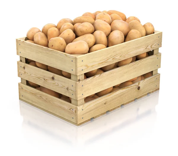 Potatoes Wooden Crate White Reflective Background Illustration Stockbild