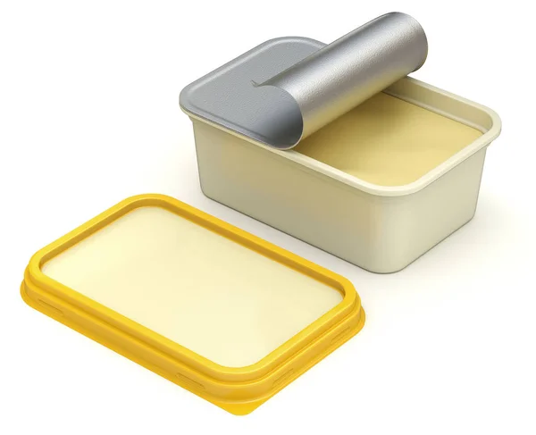 开放式彩色人造奶油盒模型 表面为空白 背景为白色 3D插图 — 图库照片