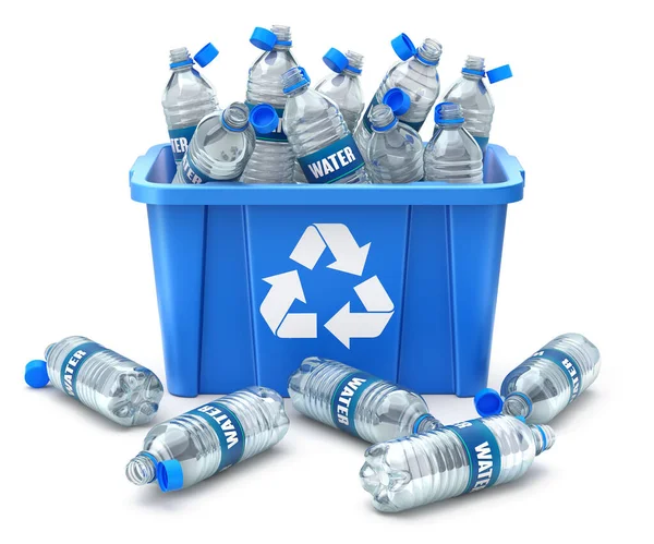 白い背景に青いリサイクル箱のプラスチックボトル 3Dイラスト — ストック写真