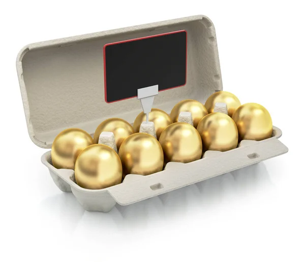 Gyllene Ägg Paket Vit Reflekterande Bakgrund Med Prislapp Illustration — Stockfoto