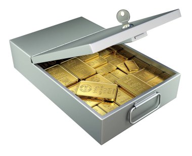 Beyaz zemin üzerinde altın külçeleri olan açık metal banka kasası - 3D illüstrasyon