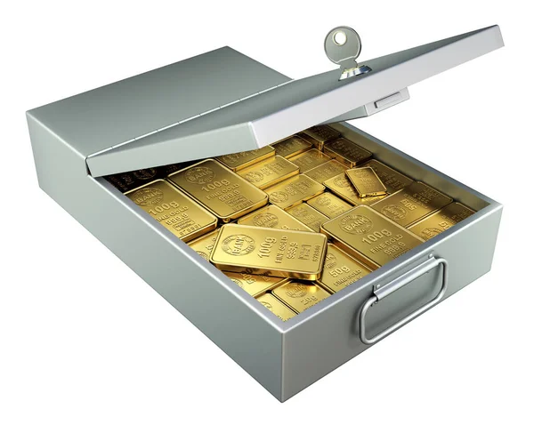 ホワイトの背景に金の棒で隔離されたオープンメタル銀行の安全預金ボックス 3Dイラスト — ストック写真