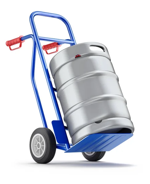 白色背景的装有啤酒桶的手推车 3D插图 — 图库照片