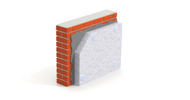 Gelaagde Bakstenen Muur Thermische Isolatie Concept Witte Achtergrond Animatie — Stockvideo