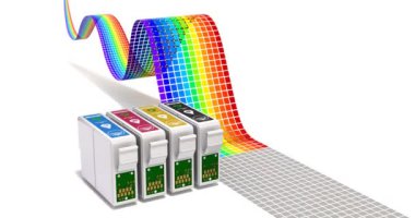 Mürekkep jet yazıcısı için CMYK kartuşları seti ile yazdırma kavramı - 3D animasyon sorunsuz döngü oluşturulabilir