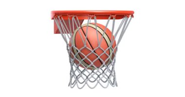 Basketbol çemberi etrafında dönen kamera içinde basket topu ve net - 3 boyutlu animasyon beyaz arka planda kusursuz bir şekilde izole edilebilir