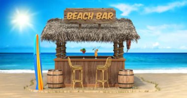 Kamera kumsaldaki bir plaj barında hareket ediyor. Üç boyutlu animasyon.