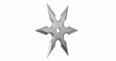 Shuriken (fırlatma yıldızı), geleneksel Japon soğuk silahı - beyaz arkaplanda pürüzsüz bir şekilde izole edilmiş 3D animasyon