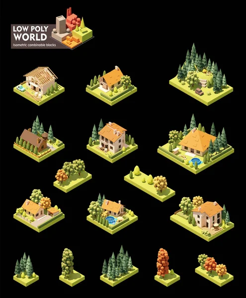 ベクトル等角世界地図作成セット 結合可能なマップ要素 小さな町や村の建物や家 家の建設現場 ピクニックの観光客と森 — ストックベクタ