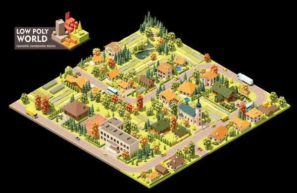 矢量等距世界地图创建集 可组合的地图元素 小城镇或村庄地图 建筑物 森林和田野 — 图库矢量图片