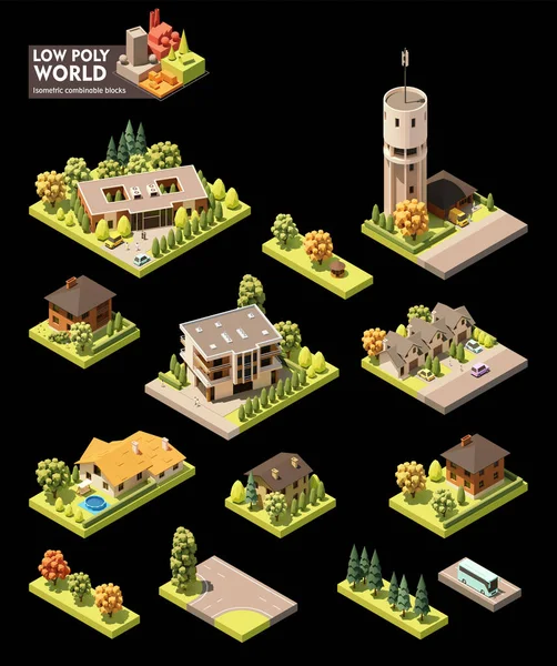 Vektor Isometrisches Weltkartenerstellungsset Kombinierbare Kartenelemente Land Oder Dorfplan Gebäude Bäume — Stockvektor