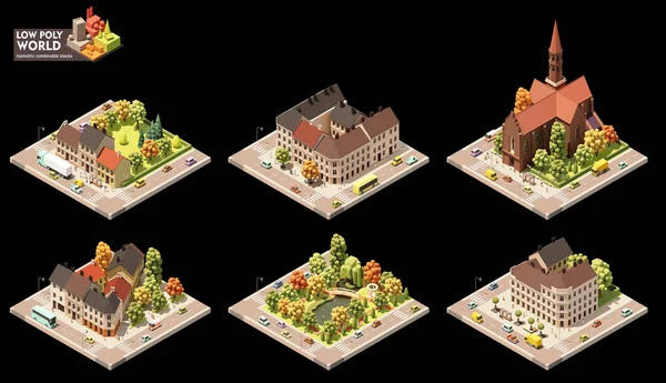 矢量等距世界地图创建集 可组合的地图元素 城镇或市中心的地图 旧城建筑和街道 — 图库矢量图片#