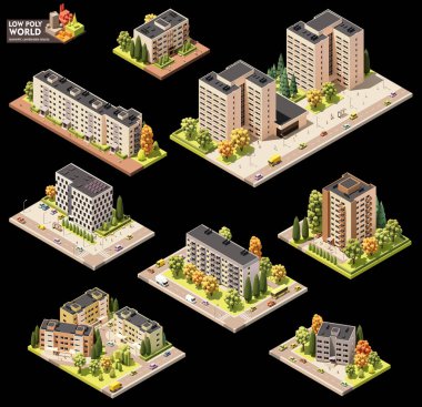 Vector isometric world map creation set. Combinable map elements. Town or city residential area map. Multi storey buildings and streets clipart