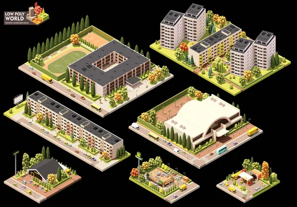 矢量等距世界地图创建集 可组合的地图元素 城镇或城市住宅区地图 多层建筑物和街道 — 图库矢量图片