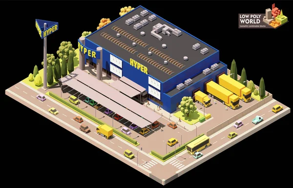 Vector Isometric Hypermarket Building Big Box Store Building Exterior Department — Stock Vector