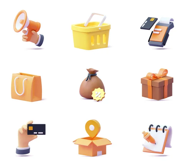 网上购物图标集 3D图标 采购产品购物篮 礼品盒 购物袋 装运或递送 购物清单 — 图库矢量图片