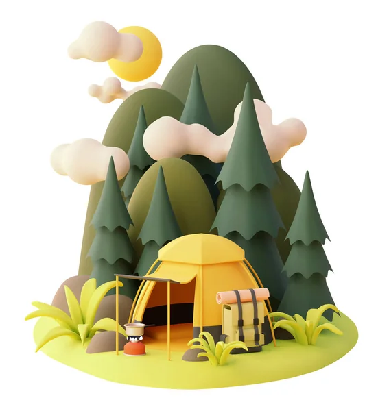 Vector Camping Tent Het Bos Camping Pijnbomen Bergen Met Wolken — Stockvector