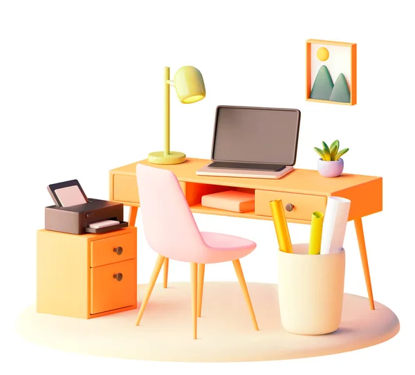 Vektor Arbetsplats Med Skrivbord Stol Och Laptop Illustration Hemkontorsmöbler Skrivbordslampa — Stock vektor