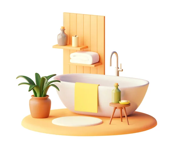 Vector Modern Bathroom White Bathtub Illustration Wooden Shelves Plant Flowerpot — Stock Vector