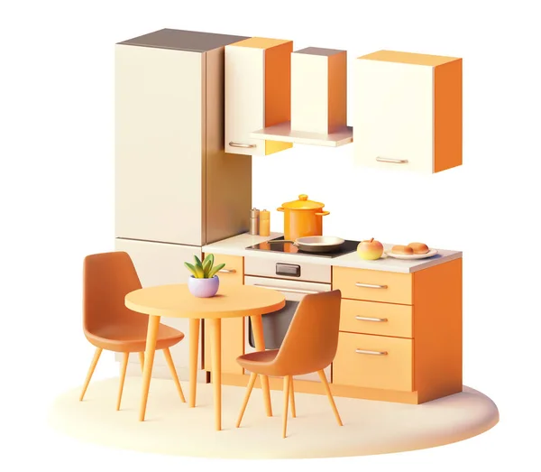 Yemek Masası Olan Vektör Modern Mutfak Mutfak Mobilyaları Buzdolabı Ocak — Stok Vektör