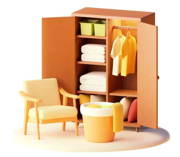 Vector Moderne Garderobe Mit Kleidung Sessel Und Wäschekorb — Stockvektor