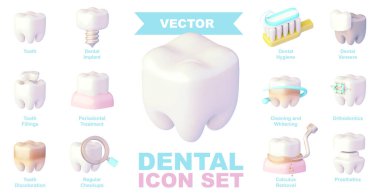 Vector dental care icon set. Dentist and orthodontics clinic services. Tooth ceramic veneers, braces, prosthesis, implant, teeth whitening clipart