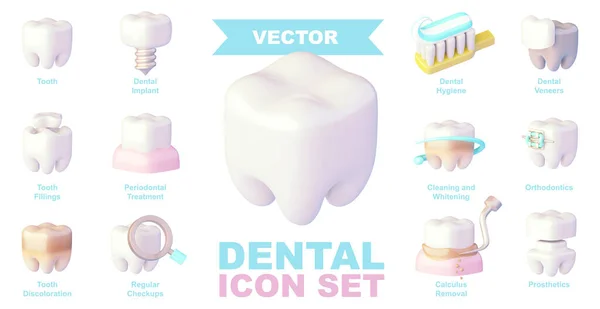 stock vector Vector dental care icon set. Dentist and orthodontics clinic services. Tooth ceramic veneers, braces, prosthesis, implant, teeth whitening