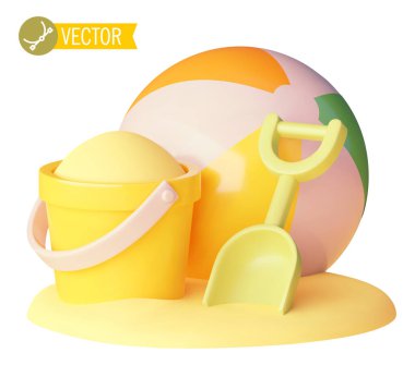 Vektör plajı ve kum havuzu oyuncakları ikonu. Plastik kepçe, kova ve kumda top. Çocuklar yaz eğlencesi, oyunlar ve eğlence kumsalda