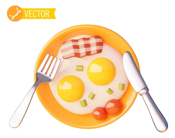 Εικονίδιο Vector Πρωινό Τηγανητά Αυγά Ψητό Μπέικον Και Φρέσκια Ντομάτα — Διανυσματικό Αρχείο