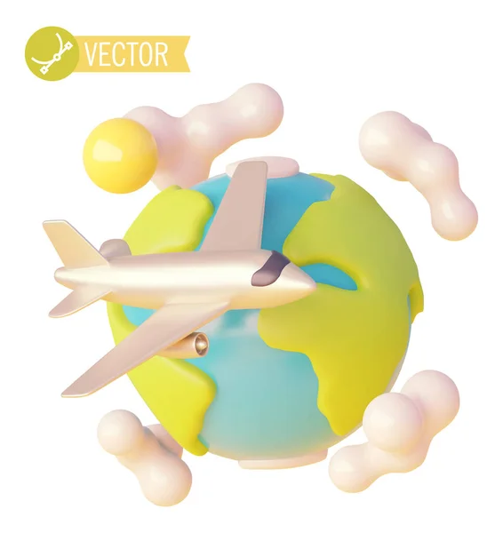 Ikona Cestování Vektorem Cestování Světě Letadlem Kreslená Planeta Země Letadlo — Stockový vektor
