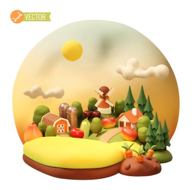 Vector yaz kırsal arazisi. Kırsal doğa. Buğday tarlaları, yel değirmeni, silolar, ahır, çiftlik binaları, ev. Yaz meyveleri ve sebzeler