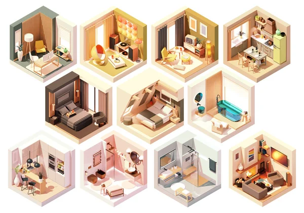 Vektorové Izometrické Místnosti Nastaveny Průřezy Pokojů Ložnice Obývací Pokoj Kuchyň Stock Ilustrace