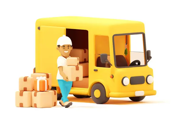 Vector Warehouse Worker Vagy Courier Loading Yellow Van Kartondobozokkal Ajándékdobozokkal Stock Vektor