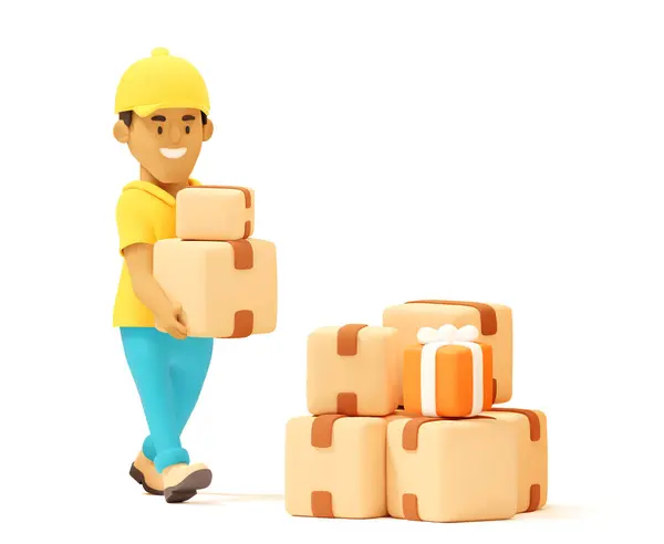 Vector Cartoon Warehouse Worker Courier Carrying Cardboard Boxes Ilustração Para Ilustração De Stock