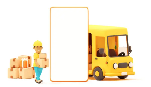 Vector Lagerarbeiter Oder Kurierfahrer Beladen Gelben Lieferwagen Mit Kartons Und Stockillustration