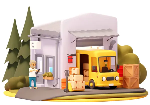病媒高级仓库工人 在仓库前面有表 货物在箱 叉车和黄色卡车装载 送货及仓储图解 免版税图库插图