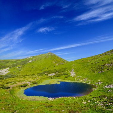 Mavi bulutlu gökyüzünün altında, yeşil dağ vadisindeki küçük mavi göl, Nesamovyte Gölü, Ukrayna, Karpatya dağı